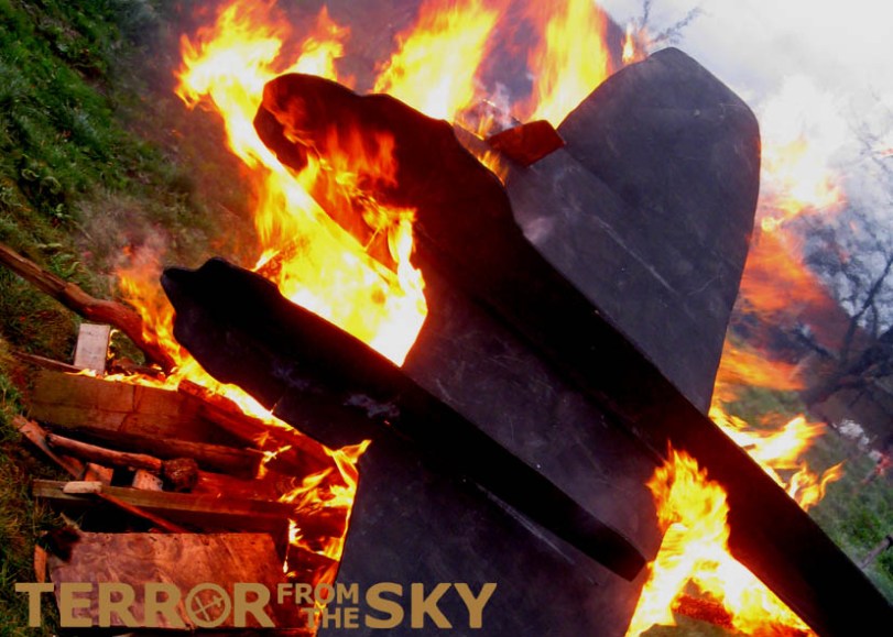 The fire sculpture - a recreation of a Ju88 - commemorates the night the same plane dropped incendiaries on the site.