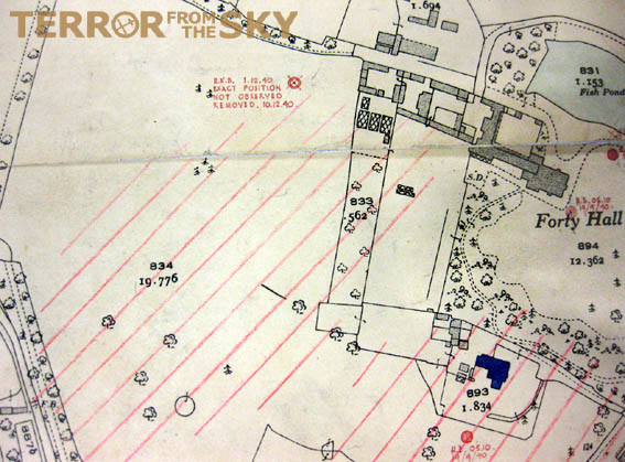 Bomb map of Forty Hall and Forty Hall Farm showing HE bombs as well as the incendiary attack in February 1944 (red striped are).