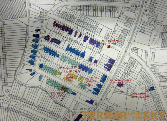 Bomp map drawn up at the end of the war. here showing the houses damaged by the Holmwood flying bomb.