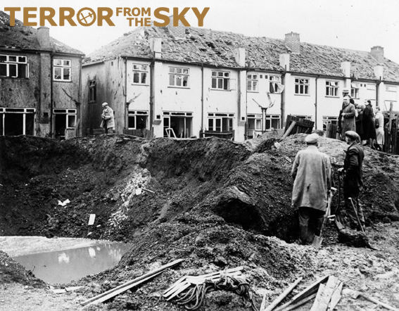 The scale of the  deep crater left by the V1 can be judged by the people standing around.